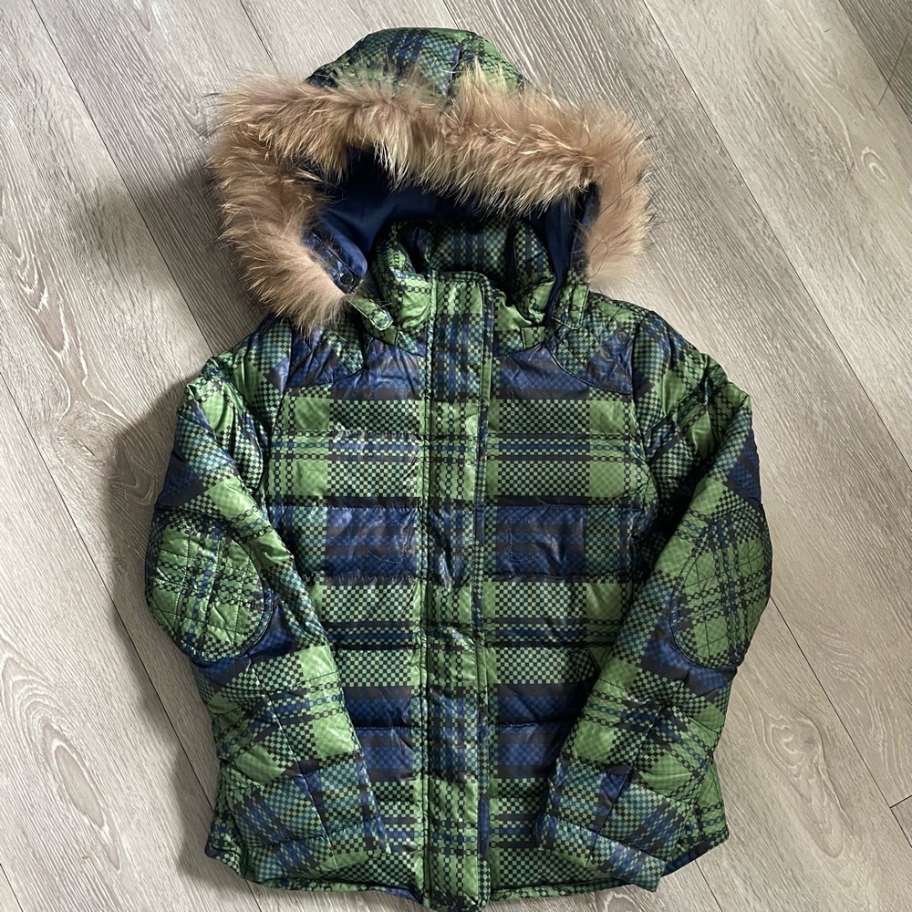 E-land Duck Down Genuine Raccoon Fur Puffer Coat Jacket Plaid Unisex Fits 12/14